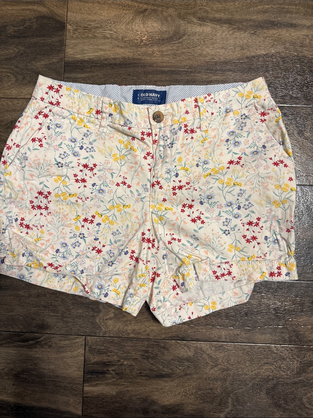 Old Navy Floral Print Cream Shorts with Red & Yellow Accents